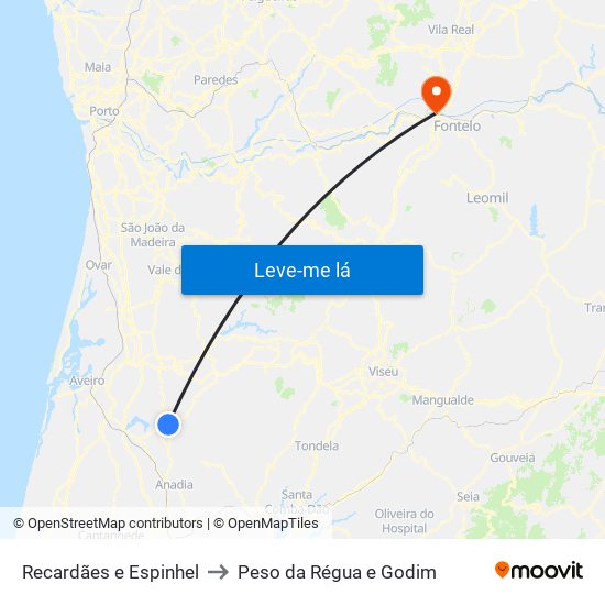 Recardães e Espinhel to Peso da Régua e Godim map