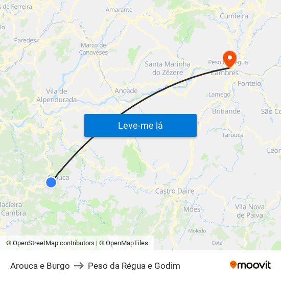 Arouca e Burgo to Peso da Régua e Godim map