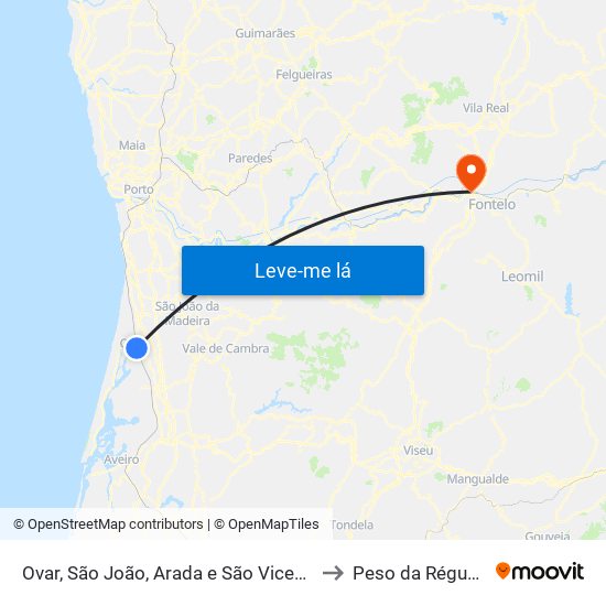 Ovar, São João, Arada e São Vicente de Pereira Jusã to Peso da Régua e Godim map