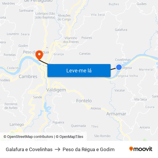 Galafura e Covelinhas to Peso da Régua e Godim map