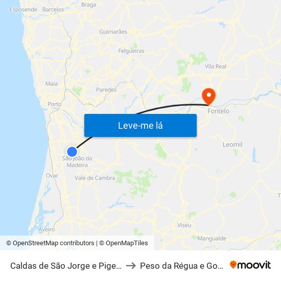 Caldas de São Jorge e Pigeiros to Peso da Régua e Godim map