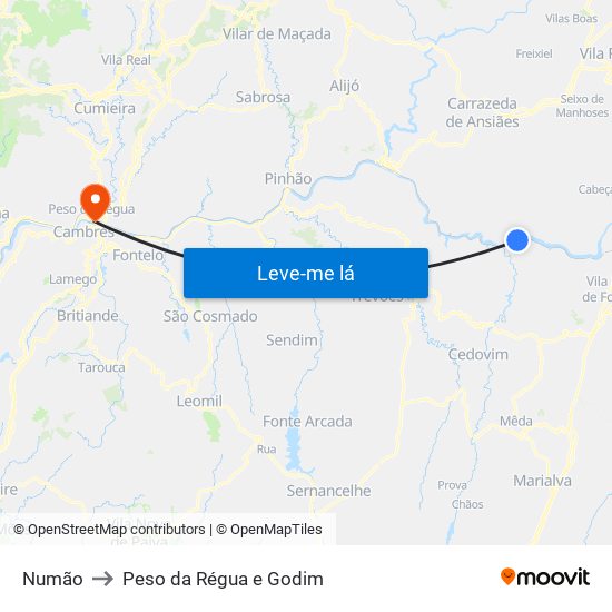 Numão to Peso da Régua e Godim map