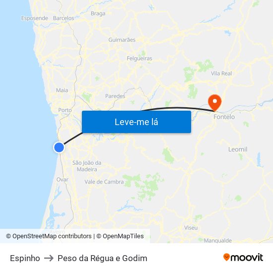 Espinho to Peso da Régua e Godim map