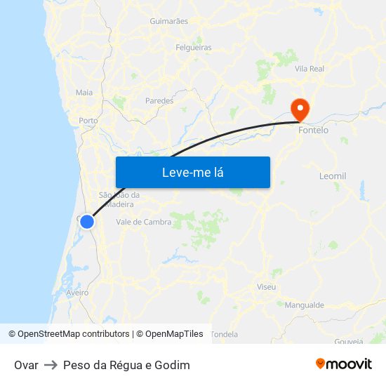 Ovar to Peso da Régua e Godim map