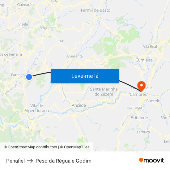 Penafiel to Peso da Régua e Godim map