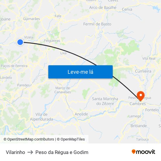 Vilarinho to Peso da Régua e Godim map