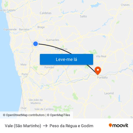 Vale (São Martinho) to Peso da Régua e Godim map