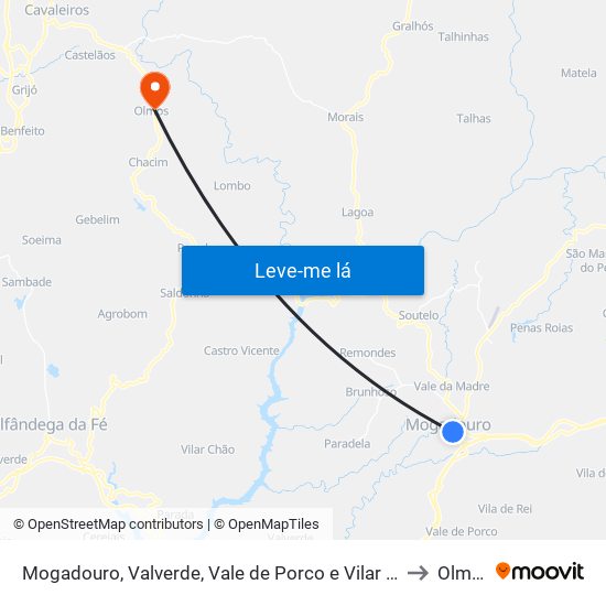 Mogadouro, Valverde, Vale de Porco e Vilar de Rei to Olmos map