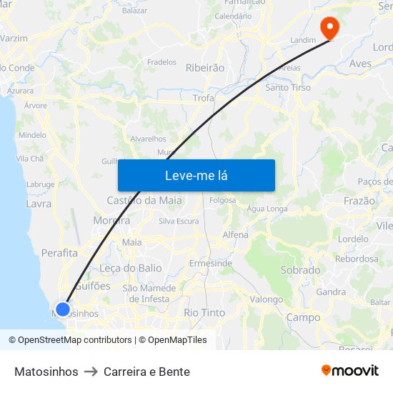 Matosinhos to Carreira e Bente map