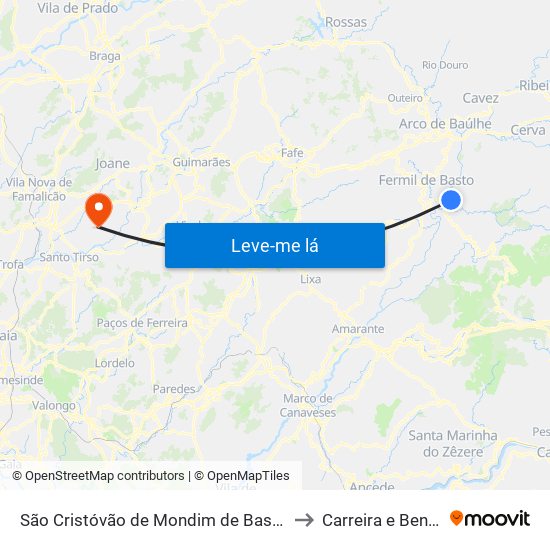 São Cristóvão de Mondim de Basto to Carreira e Bente map