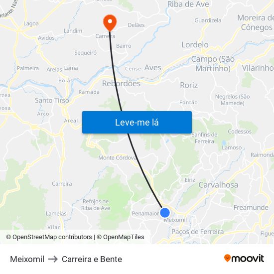 Meixomil to Carreira e Bente map