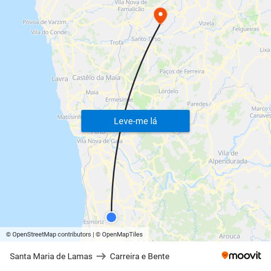 Santa Maria de Lamas to Carreira e Bente map