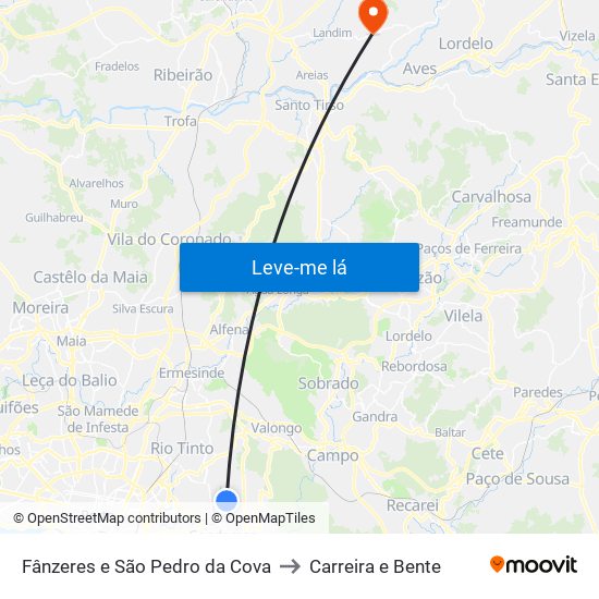 Fânzeres e São Pedro da Cova to Carreira e Bente map