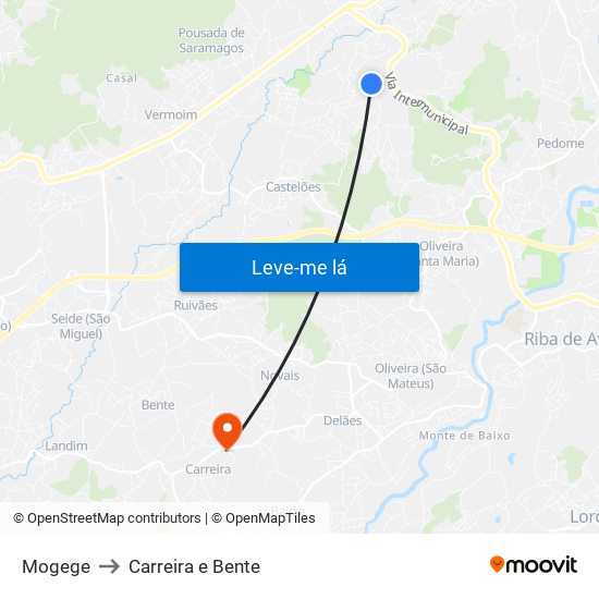 Mogege to Carreira e Bente map