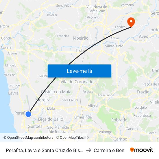 Perafita, Lavra e Santa Cruz do Bispo to Carreira e Bente map