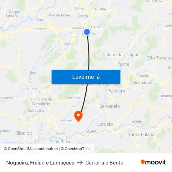 Nogueira, Fraião e Lamaçães to Carreira e Bente map