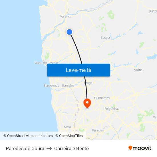 Paredes de Coura to Carreira e Bente map