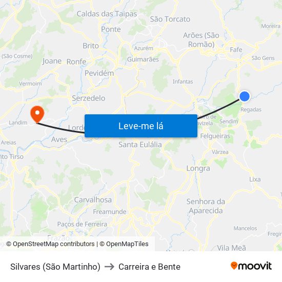 Silvares (São Martinho) to Carreira e Bente map