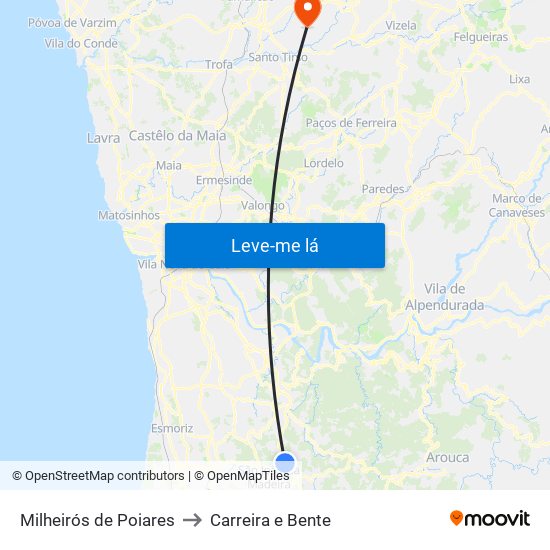 Milheirós de Poiares to Carreira e Bente map