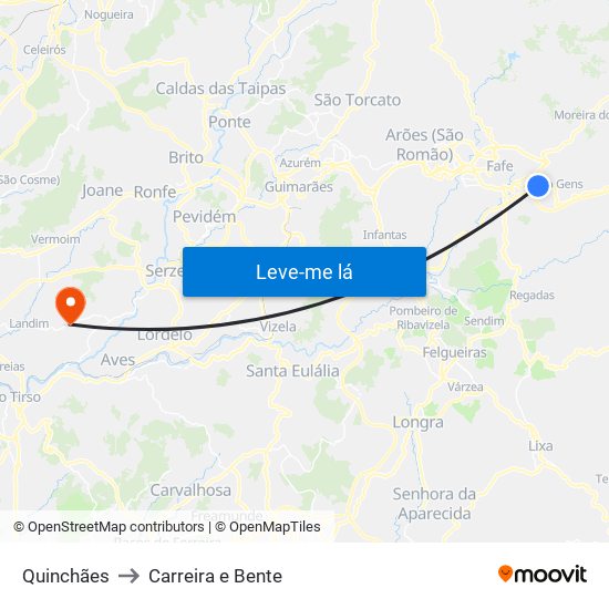Quinchães to Carreira e Bente map