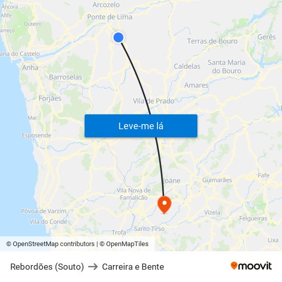 Rebordões (Souto) to Carreira e Bente map