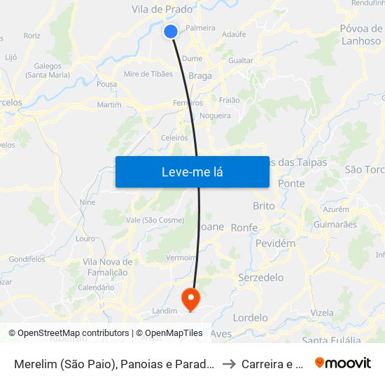 Merelim (São Paio), Panoias e Parada de Tibães to Carreira e Bente map