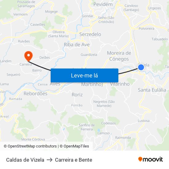 Caldas de Vizela to Carreira e Bente map