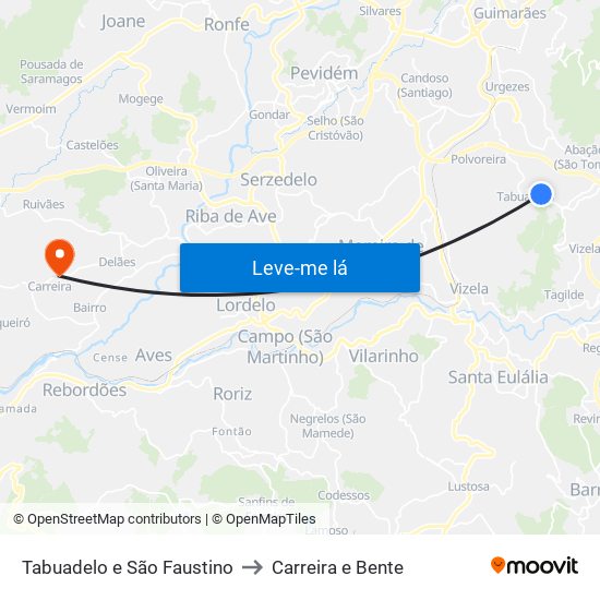 Tabuadelo e São Faustino to Carreira e Bente map