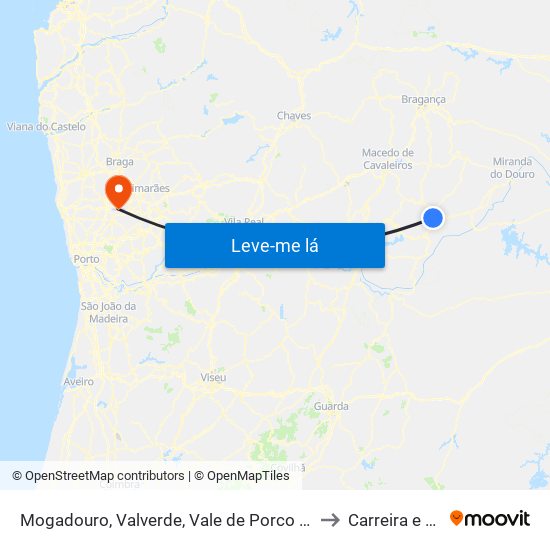 Mogadouro, Valverde, Vale de Porco e Vilar de Rei to Carreira e Bente map