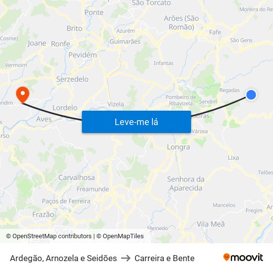 Ardegão, Arnozela e Seidões to Carreira e Bente map