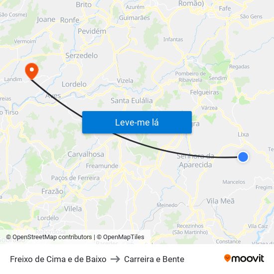 Freixo de Cima e de Baixo to Carreira e Bente map