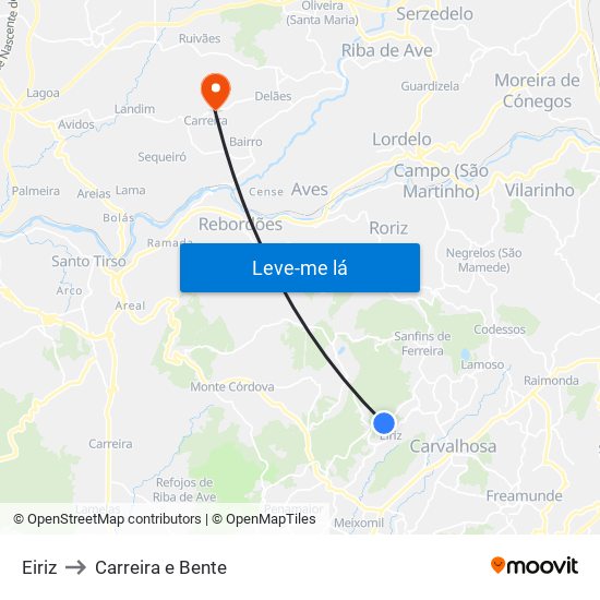 Eiriz to Carreira e Bente map