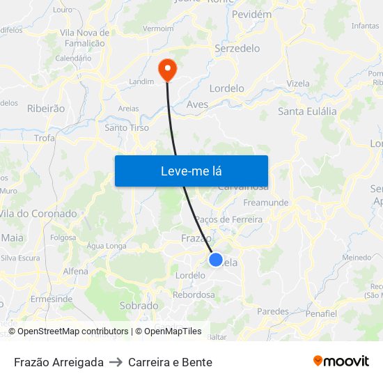 Frazão Arreigada to Carreira e Bente map