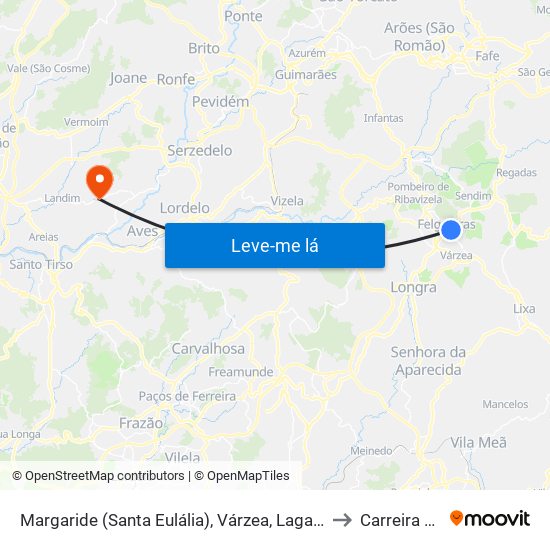 Margaride (Santa Eulália), Várzea, Lagares, Varziela e Moure to Carreira e Bente map