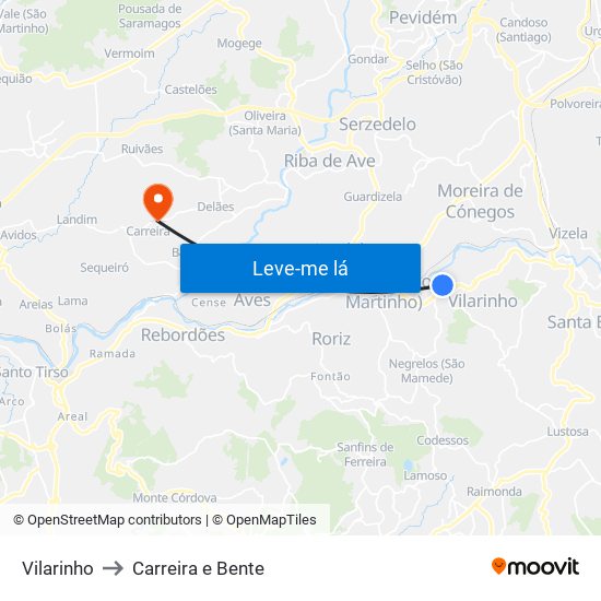 Vilarinho to Carreira e Bente map