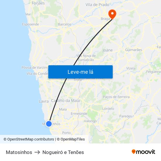 Matosinhos to Nogueiró e Tenões map