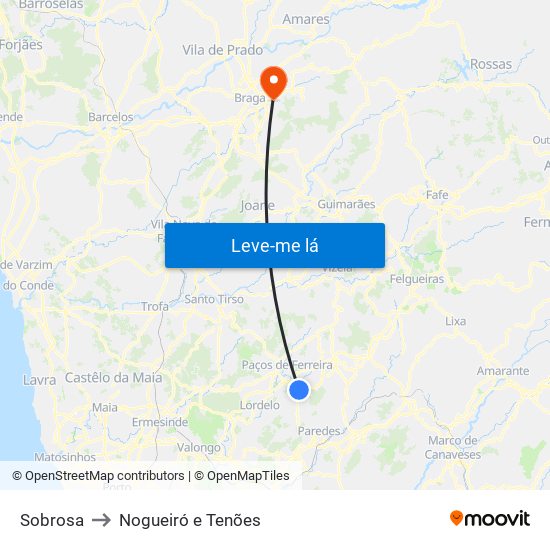 Sobrosa to Nogueiró e Tenões map