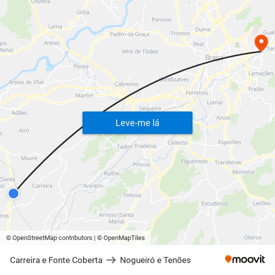 Carreira e Fonte Coberta to Nogueiró e Tenões map