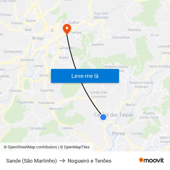 Sande (São Martinho) to Nogueiró e Tenões map