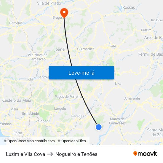 Luzim e Vila Cova to Nogueiró e Tenões map