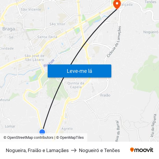 Nogueira, Fraião e Lamaçães to Nogueiró e Tenões map