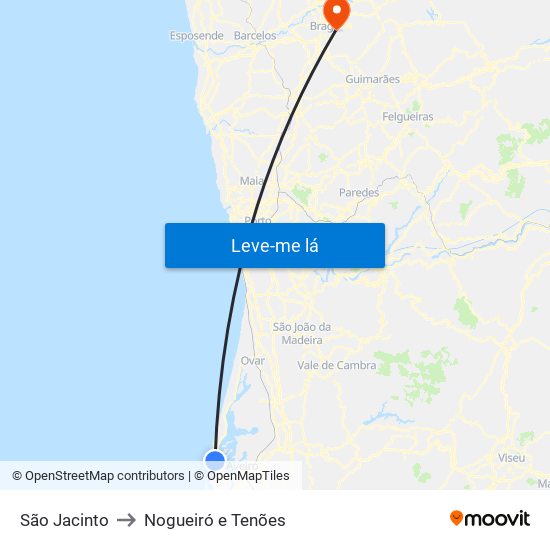 São Jacinto to Nogueiró e Tenões map