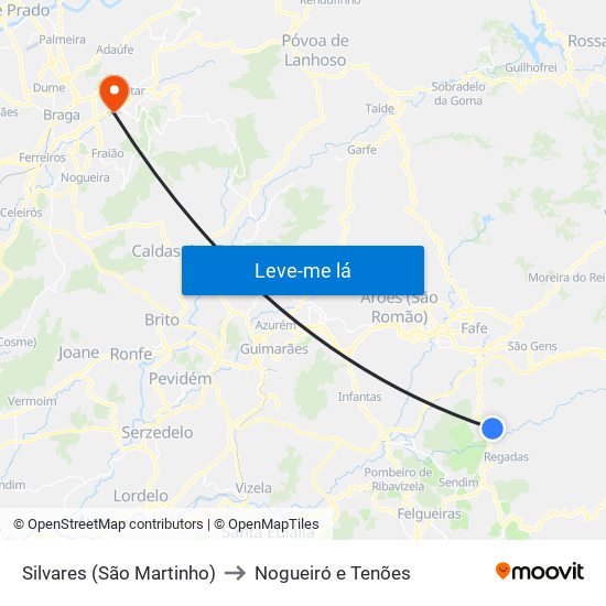 Silvares (São Martinho) to Nogueiró e Tenões map