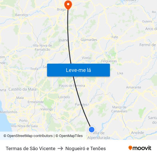 Termas de São Vicente to Nogueiró e Tenões map