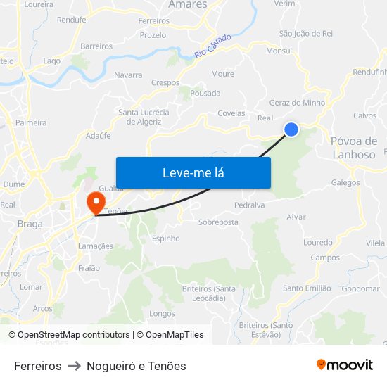 Ferreiros to Nogueiró e Tenões map