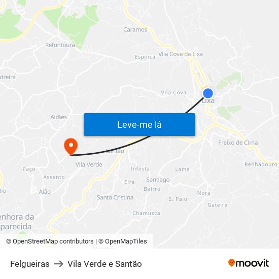 Felgueiras to Vila Verde e Santão map