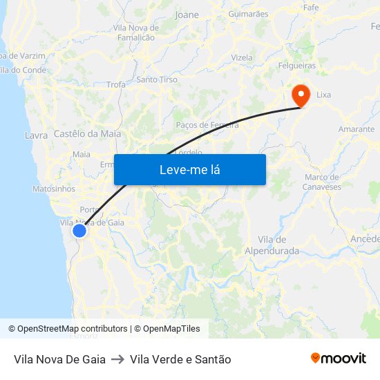 Vila Nova De Gaia to Vila Verde e Santão map