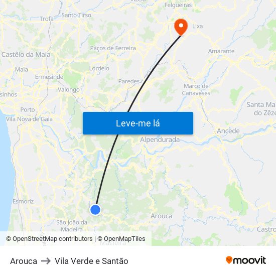 Arouca to Vila Verde e Santão map