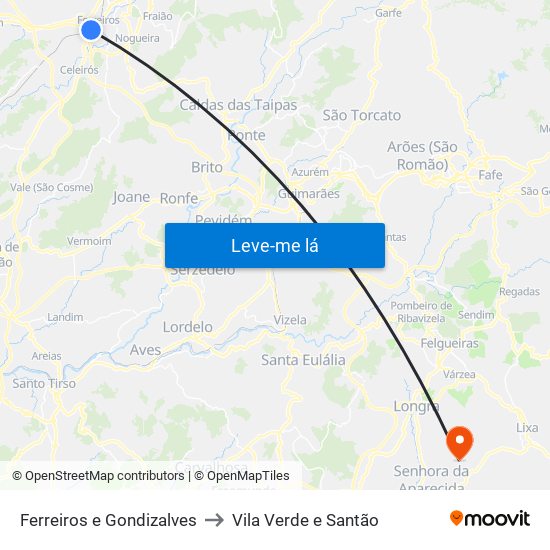Ferreiros e Gondizalves to Vila Verde e Santão map