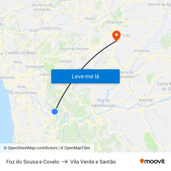 Foz do Sousa e Covelo to Vila Verde e Santão map